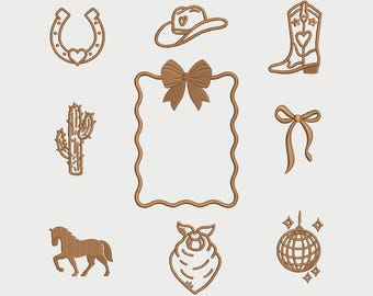 9 cowgirl embroidery design elements, western style embroidery file set, horseshoe, cactus, cowgirl boot, hat.