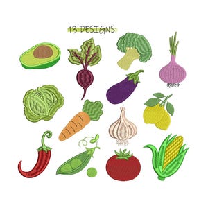 Op de afbeelding: Geborduurde ontwerpen van verschillende groenten, waaronder een avocado, biet, broccoli, aubergine, ui, kool, wortel, knoflook, citroen, chilipeper, peul, tomaat en maïs. De tekst "13 DESIGNS" staat in het midden bovenaan.