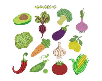 Vegetable embroidery design, set of 13 vegetable embroidery patterns, cabbage, chili pepper, carrot, tomato, onion, corn, garlic, lemon, pea.