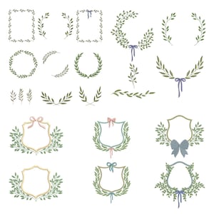 Könnte beinhalten: Eine Sammlung handgezeichneter botanischer Illustrationen mit Kränzen, Rahmen und Zweigen. Die Designs umfassen grüne Blätter, Schleifen in verschiedenen Farben und dekorative schildförmige Rahmen, alles vor einem weißen Hintergrund.