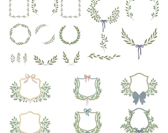 Monogram leaf frame embroidery design package and shield frames with leaves and bow, frame collection and laurel wreath.