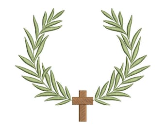 Leaf wreath embroidery design file with cross, religious embroidery design, leaf frame embroidery with cross, baptism, Easter.