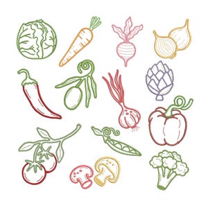 May include: An illustration of various vegetables with a hand-drawn style. The image includes a cabbage, carrot, beet, onions, chili pepper, olives, garlic, artichoke, bell pepper, tomatoes, mushrooms, broccoli, and a pea pod. The vegetables are outlined in different colors.