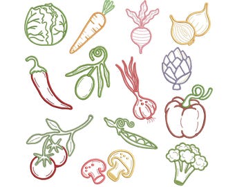 13 design elements for machine embroidery of vegetables, kitchen vegetable embroidery pattern, carrot, chili pepper, broccoli, tomato, onion.
