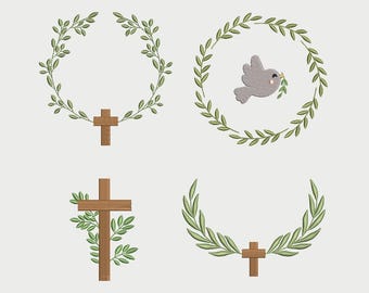 Set of 4 religious embroidery designs, embroidery file of laurel leaf wreath with cross, cross with laurel leaves, dove of peace.