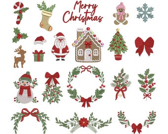 Pack of 21 Christmas embroidery design elements, Christmas icons, Christmas tree, candy cane, snowman, reindeer.