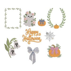 May include: A collection of machine embroidery designs featuring a rectangular leaf frame, a ghost with pink flowers, orange pumpkins with bows, a leaf wreath, a spider web, two ghost-shaped flowers, a striped bow, and the text Happy Halloween.