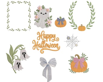 Halloween embroidery design, Halloween floral embroidery design elements, ghost, pumpkin, frame, bow, spooky season.