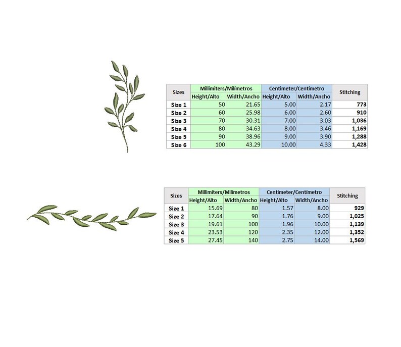 May include: Olive green embroidered leaf sprig and a curved leaf branch. The image includes a table with size measurements in millimeters and centimeters, along with stitching details. The sprig is approximately 5 cm tall.