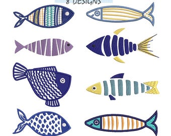 魚の刺繍デザインセット、魚の刺繍ファイル、イワシの刺繍パターン、夏の刺繍デザイン8種類。