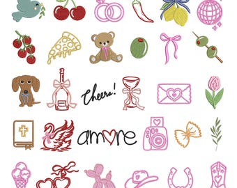 Set of 30 assorted embroidery design elements, wedding embroidery icons: dove, cherry, ring, swan, love letter, pizza, medallion
