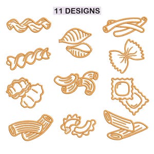 Può includere: Una collezione di undici diversi disegni di pasta di colore marrone chiaro, tra cui forme come farfalle e penne. Il testo "11 DESIGNS" è in alto.