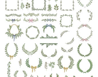 Collection of embroidery designs featuring frames and branches, leaf frames for monograms with bows, leaf wreaths with bows, floral borders and shields