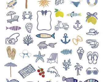 43 coastal machine embroidery design elements, La Dolce Vita summer embroidery design, sea animals, summer icon set.