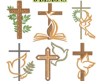 Christian cross embroidery design, pack of 6 cross embroidery designs with dove, cross embroidery file, religious embroidery.