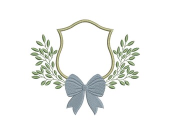 Shield frame embroidery design with leaves and bow, monogram frame with shield, leaves and bow, floral shield frame for banner.