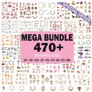 Op de afbeelding: Een digitale borduurontwerpcollectie met meer dan 470 iconen, waaronder vakantiethema's, bloemenkransen, nautische motieven, religieuze symbolen en dieren. Een centraal roze label toont de tekst MEGA BUNDLE 470+.