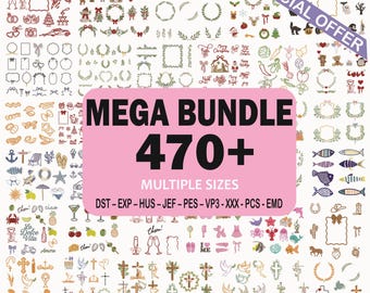 Package of over 470 embroidery designs including Christmas, wedding, monogram frames, branches, shields, summer, Halloween, crosses, food, and cocktails.