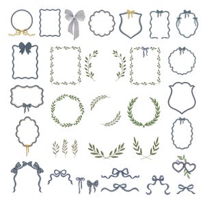 May include: A collection of digital illustrations featuring various decorative frames, borders, and bows in shades of blue, green, and gold. The set includes circular, rectangular, and shield-shaped frames, along with leafy branch accents and ribbons.