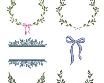 Monogram leaf frame embroidery design, leaf wreath embroidery pattern set with ribbon, floral wreath embroidery pattern.
