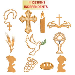 Borduurontwerppakket voor de Eerste Heilige Communie, Bijbel, kruis, brood, tarweaar, Eucharistie, duif, biddende kinderen, druif, kaars, ketting