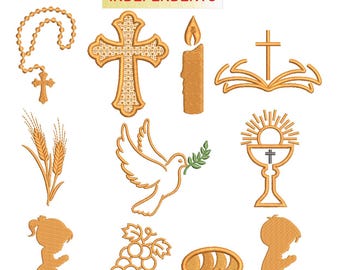 Embroidery design package for First Communion, Bible, cross, bread, wheat stalk, Eucharist, dove, children praying, grape, candle, necklace