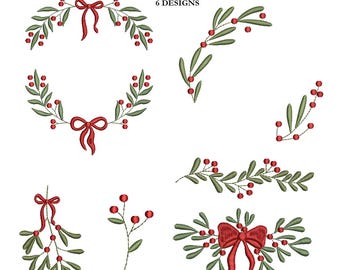 6 Christmas embroidery design elements, Christmas wreath embroidery file, branch design, Christmas border and frame with bows.