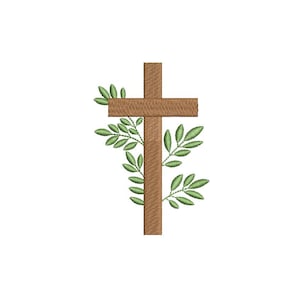 May include: A brown cross with a textured appearance, adorned with green leafy branches. The cross is centered and the leaves are on the left side, creating a balanced, religious-themed design.
