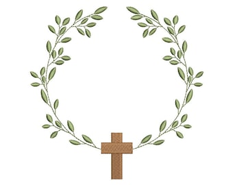 Laurel leaf wreath embroidery design with cross, religious embroidery file, cross frame embroidery file for monogram.