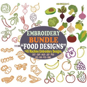May include: An embroidery bundle featuring various food designs, including vegetables, fruits, and pasta. The image includes text that reads "EMBROIDERY BUNDLE FOOD DESIGNS" and "+45 Machine Embroidery Designs."