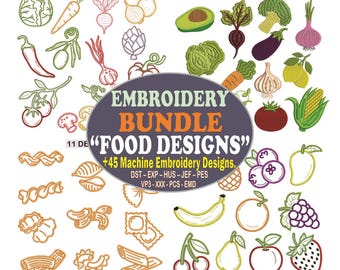 Food embroidery design pack, more than 45 embroidery elements of vegetables, fruits, Italian pasta, broccoli, tomato, chili pepper, cabbage.