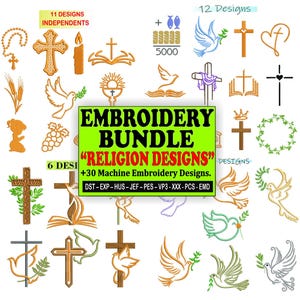 Pack de motifs de broderie religieux - Plus de 30 motifs de broderie de symboles religieux, croix, Bible, colombes, baptême, Pâques
