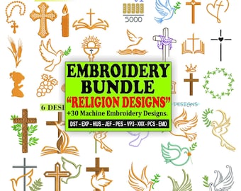 Religious embroidery design pack, over 30 embroidery designs of religious symbols, cross, Bible, doves, baptism, Easter