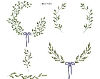 Leaf and bow wreath embroidery design, set of 5 frame embroidery elements, wreath, border and branch, laurel wreath with bows.