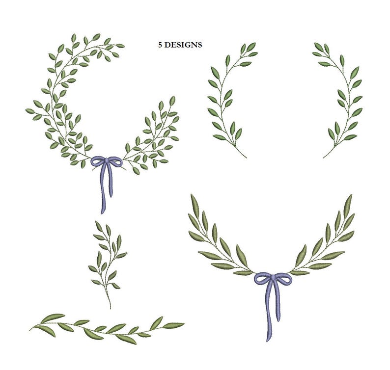 May include: Five embroidered designs featuring green leaf branches and wreaths with a blue ribbon. The designs include a full wreath, two half wreaths, a single branch, and a horizontal branch design. The text "5 DESIGNS" is at the top.