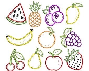 Fruit embroidery design, set of 11 designs for machine embroidery of fruits, pineapple, watermelon, strawberry, cherry, mango, banana, watermelon.