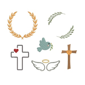 Puede incluir: Colección de símbolos religiosos bordados, que incluyen cruces, una paloma con una rama de olivo, una corona de laurel y alas de ángel. Los diseños de la cruz presentan un corazón, y la paloma es azul claro.