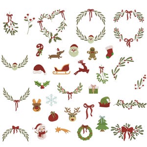 May include: A selection of Christmas-themed illustrations. The image includes wreaths, bows, Santa Claus, reindeer, a snowman, and a gingerbread man. The color scheme is red, green, and brown.