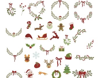 Christmas embroidery designs, Christmas embroidery file set, Christmas icons, frame, reindeer, gift, sleigh, candy cane.
