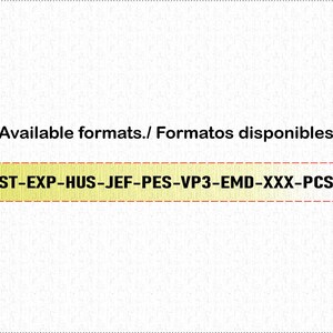 May include: A white background with the text "Available formats./ Formatos disponibles." in black. Below, a yellow rectangle with a red dashed border contains the text "DST-EXP-HUS-JEF-PES-VP3-EMD-XXX-PCS" in black.