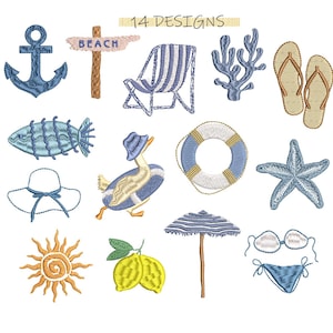 May include: An assortment of 14 beach-themed designs, including an anchor, beach sign, folding chair, coral, flip-flops, fish, sun hat, duck, life preserver, starfish, sun, lemons, umbrella, and bikini. The designs are in shades of blue, tan, and yellow.