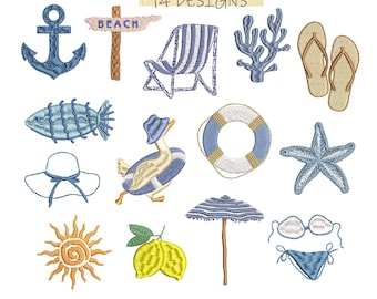 14 coastal-themed machine embroidery designs: anchor, sun, duck, fish float, coral hat, starfish, umbrella, sandals.