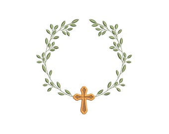 Religious embroidery design, laurel leaf wreath embroidery file with cross, cross frame for monogram, cross, Easter, baptism.