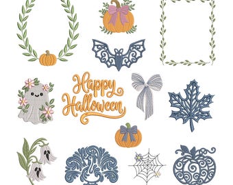 Halloween embroidery design, floral Halloween embroidery file, autumn designs, ghost, pumpkin, frame, spooky season.