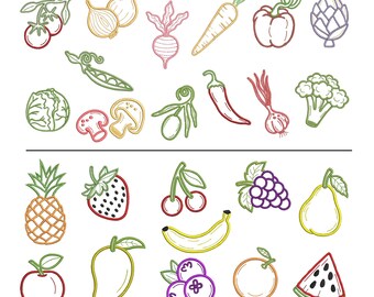 24 fruit and vegetable embroidery design elements, agricultural product designs, tomato, chili pepper, broccoli, watermelon, pineapple, cherry, grape.