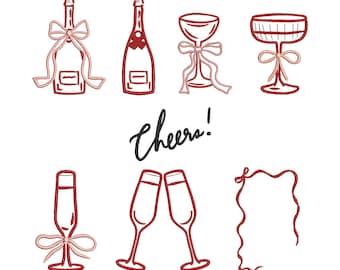 May include: A collection of eight red and pink embroidered designs on a white background. The designs include champagne bottles, champagne flutes, and glasses, all adorned with bows. The word "Cheers!" is written in cursive.