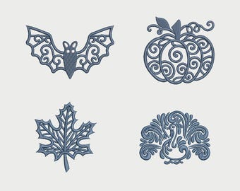 Pumpkin, autumn leaf, bat and turkey embroidery design, Halloween embroidery pattern, Thanksgiving, autumn decoration.
