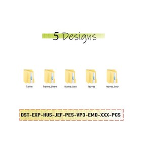 May include: White background with the text "5 Designs" above five yellow folder icons. Each folder is labeled with a descriptive name. Below the folders is a line of text: DST-EXP-HUS-JEF-PES-VP3-EMD-XXX-PCS.