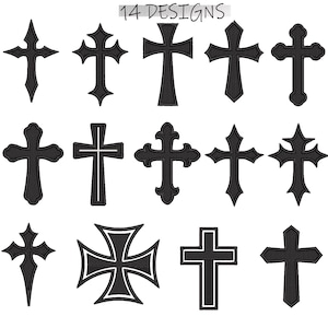 May include: A collection of fourteen black cross designs against a white backdrop. The crosses showcase diverse styles, from elaborate, detailed patterns to simpler forms. The image includes the text "14 DESIGNS" at the top, indicating the variety of designs.