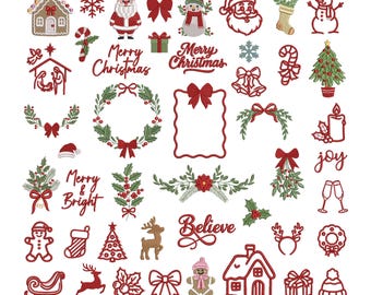 Pack of 46 Christmas icon embroidery designs, embroidery design elements for Christmas, Christmas wreath, winter designs.
